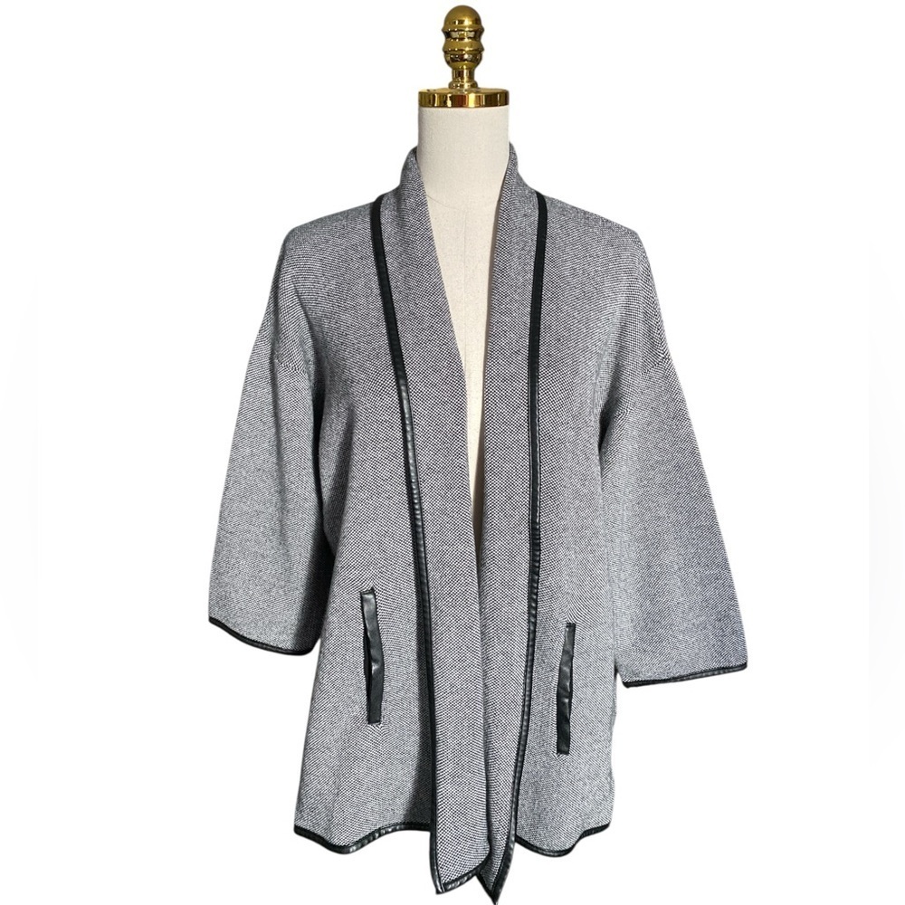CHICO’S Black/White Knit Leather Trim Drape Open Front Cotton Cape Jacket Large